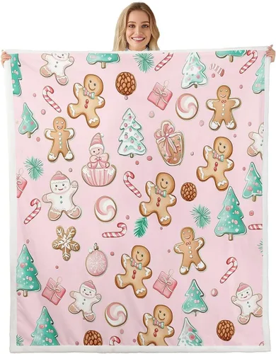 Vista 26 de Manta de cama Kawaii de Papá Noel, manta rústica de felpa con corona de Navidad para decoración rústica del hogar, manta de franela de flores rojas