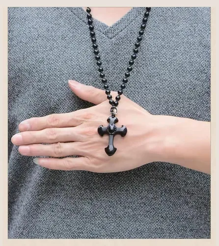 Vista 4 de Collar con dije de cruz de obsidiana negra, cristal curativo de obsidiana natural, piedra de energía, amuleto, para mujeres, hombres, niñas, niños