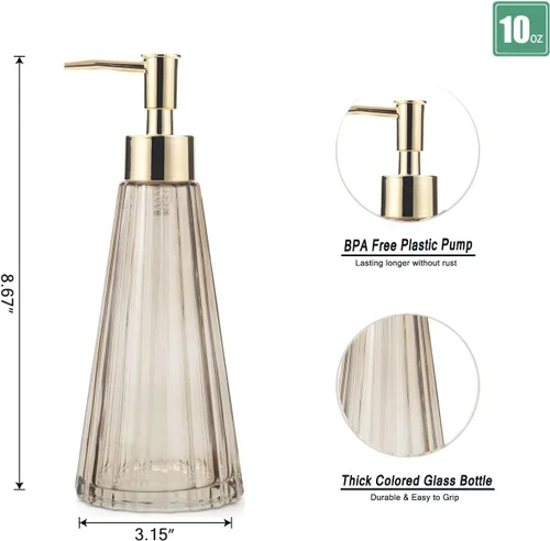 Vista 2 de IVAILEX Dispensador de jabón de manos de 10 oz/10.1 fl oz para baño, dispensador de jabón de cocina, dispensador de jabón de vidrio con bomba dorada