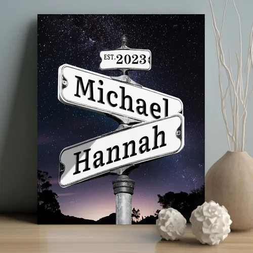 Vista 13 de WNNNS Póster de letrero de calle vintage con nombre personalizado para parejas, novia, novio, impresiones en lienzo personalizadas para enamorados