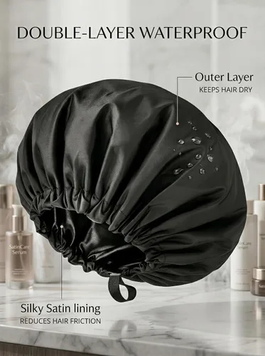Vista 5 de Aquior Gorro de ducha para mujer, extra ajustable, doble capa, impermeable, reutilizable, gorra de pelo de tamaño grande para todo el cabello