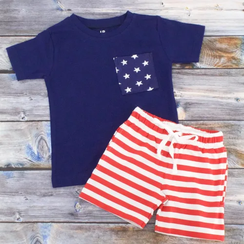 Vista 4 de Unique Baby Traje de verano patriótico para niños del 4 de julio de 2 piezas