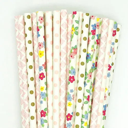 Vista 7 de 100 pajitas de papel mixtas para fiestas, color negro, rosa claro, azul, rojo, dorado, con lunares, burbujas, para cumpleaños, baby shower, boda
