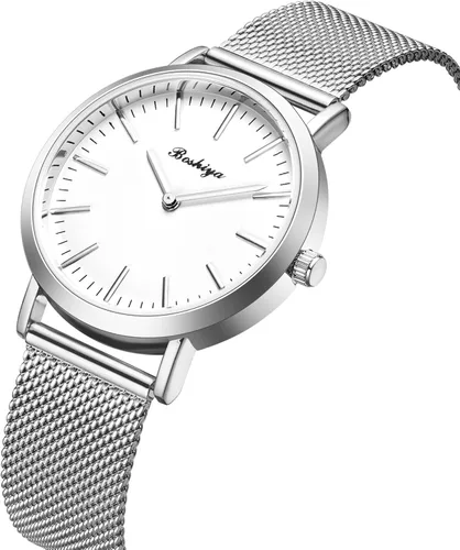 Vista 2 de BOSHIYA Reloj con banda elástica para mujer Easy Reader de 1.181 in analógico de cuarzo con correa elástica de acero inoxidable, impermeable, reloj