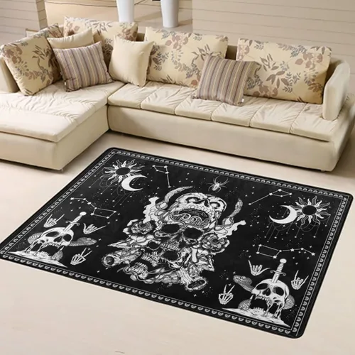 Vista 4 de Alfombra decorativa para interiores y exteriores, 60 x 39 pulgadas (diseño de calavera blanca y negra, polilla, esqueleto, mandala, luna, estrella)