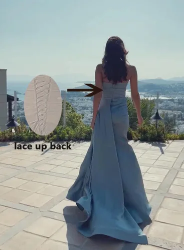 Vista 3 de Dexinyuan Vestidos de fiesta de satén de sirena largos con abertura, tirantes delgados, vestido de baile con cuello en V, vestidos formales de noche