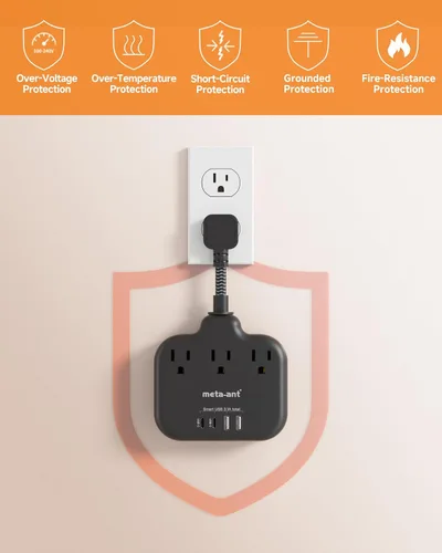 Vista 7 de Divisor de enchufes múltiples, tira de alimentación de cable ultracorto de 0.2 pies de 1625 W, 3 tomacorrientes, 4 USB (2 USB-C), extensor