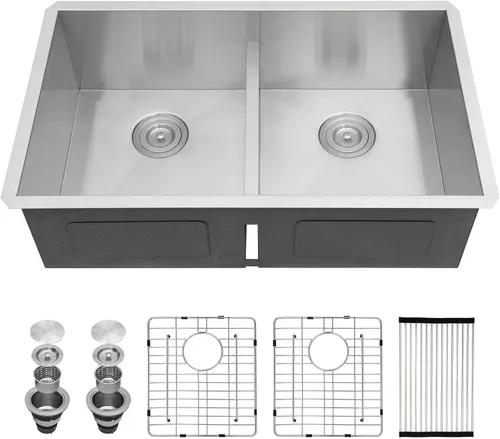 Vista 27 de Sarlai Fregadero de Cocina Dorado Bajo Encimera de 33 Pulgadas Doble Tazón 33 x 19 Pulgadas Bajo Dividido Dorado Estación de Trabajo Fregadero Doble