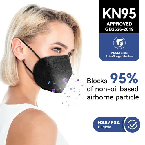 Vista 2 de Mascarillas Faciales KN95 Negras para Adultos - Paquete de 100 Mascarillas Desechables Cómodas de Seguridad de 5 Capas y 5 Extensores de Mascarillas