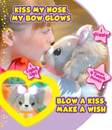 Vista 6 de Pets - Animales de peluche con luz LED, cachorro Cavalier gris esponjoso con lazo rosa