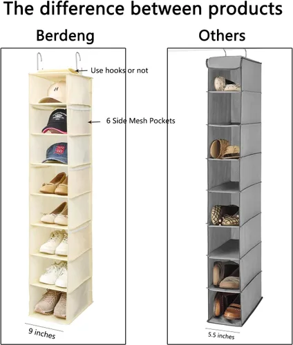 Vista 4 de Berdeng Organizador colgante de zapatos para armario con bolsillos de malla lateral, estantes para gorras de béisbol, soporte para zapatos y Beige