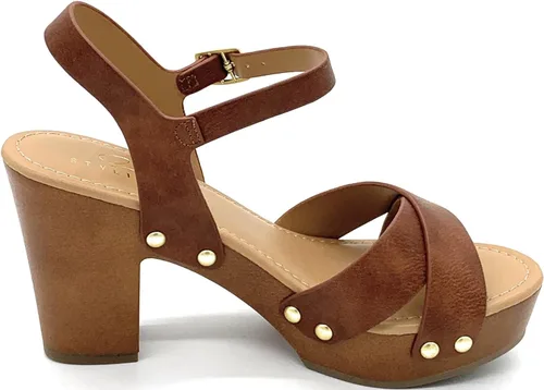 Vista 3 de STYLISH S SHIFT ~ Sandalias de tacón de plataforma para mujer, puntera abierta, correa de tobillo y tacones gruesos Canela