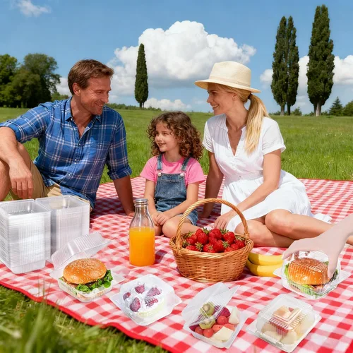 Vista 5 de Paquete de 100 Contenedores de Alimentos Tipo Almeja Transparentes, Contenedores Desechables de Plástico con Bisagra para Llevar con Tapas