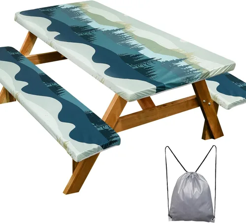 Vista 31 de Funda de mesa de picnic con fundas para bancos Esenciales de camping Mantel de picnic impermeable y a prueba de viento con bolsa de cordón, funda