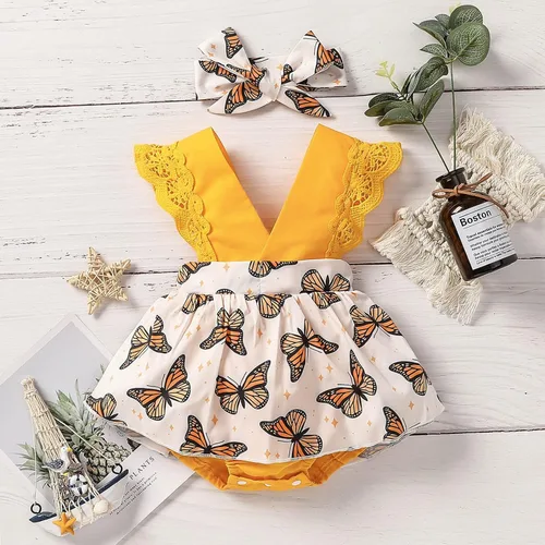 Vista 2 de Mameluco con estampado de manga mosca de encaje para niñas recién nacidas, conjunto de diadema para baile 2t (amarillo, 0-3 meses)