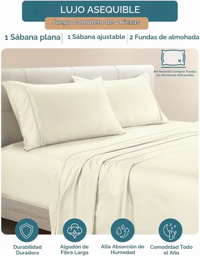 Vista 3 de Casa Platino - Juego de sábanas de tamaño individual, 100 % algodón, juego de 4 piezas con 500 hilos, acabado de satén sedoso y suave, juego de cama