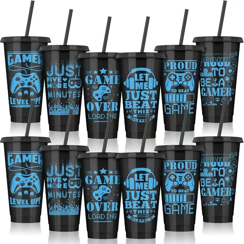 Vista 11 de Kochorie 18 tazas de fiesta de fútbol de 24 onzas con tapas y pajitas, vaso de plástico reutilizable, tazas de viaje para niños, entrenadores