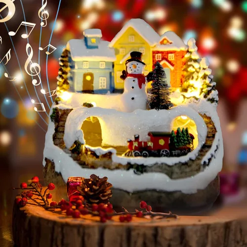 Vista 8 de Decoraciones de globos de nieve de aldea de Navidad, figuras de construcción de resina, tren giratorio, edificios coleccionables de Navidad, 8