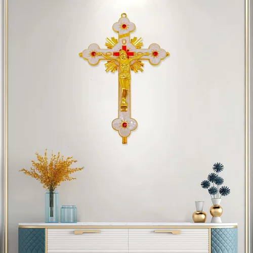 Vista 5 de rnuie Cruz de mesa de altar de Jesús, decoración de pared de crucifijo religioso con soporte, adorno cristiano de metal montado en la pared