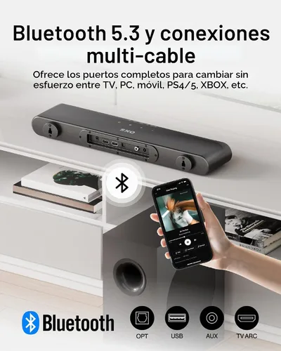 Vista 5 de OXS Barra de sonido S21 de 2.1 canales con subwoofer, sonido de precisión con graves profundos, potencia de 240 W, 3 modos de ecualización