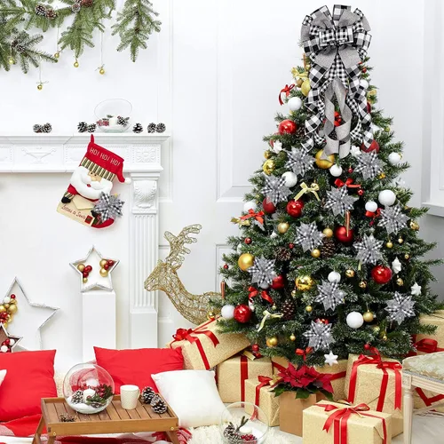 Vista 5 de Syhood Decoración de árbol de Navidad de búfalo blanco y negro de 34 pulgadas, decoración de lazo grande para decoración de Navidad y flores