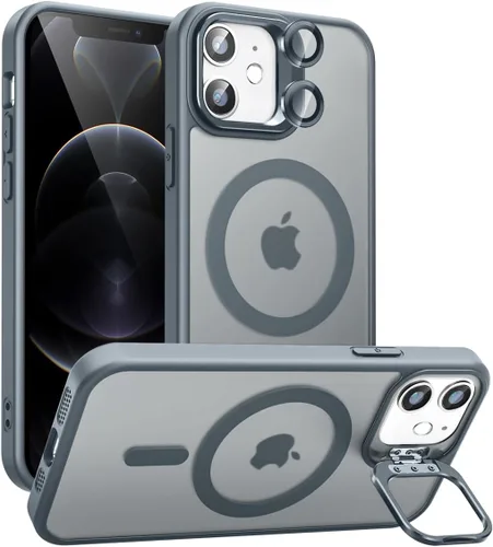 Vista 14 de Funda magnética para iPhone 11 con soporte, compatible con Magsafe, protección militar y protector de lente de cámara, funda translúcida mate