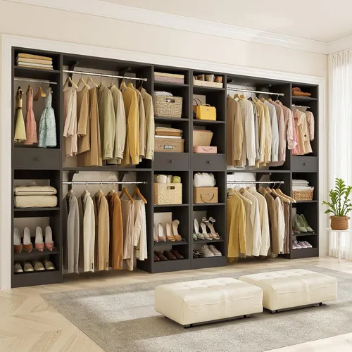 Vista 8 de Unikito Sistema de Armario de 58-90 Pulgadas, Organizador Grande de Armario Vestidor con 3 Barras Colgantes y Estantes, Armarios Ropero de Madera