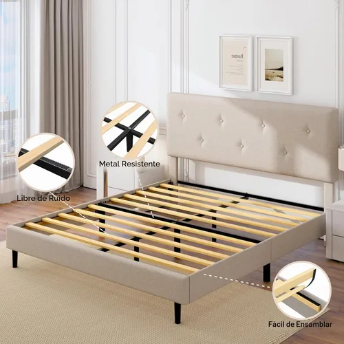 Vista 6 de Marco de cama de lino tamaño matrimonial con cabecero ajustable Beige