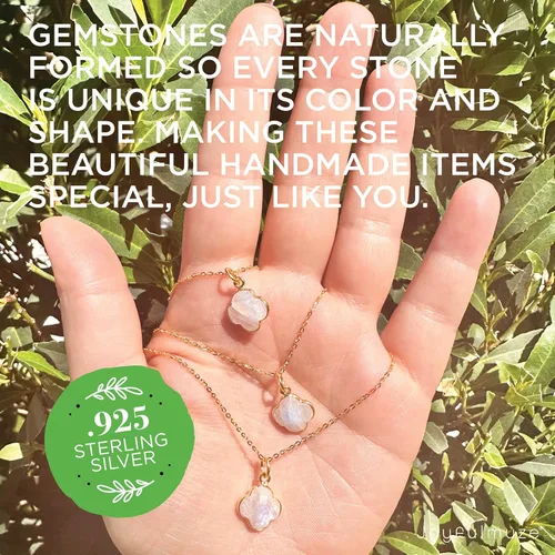 Vista 23 de Genuine Gemstone Necklace, Carved Four Leaf Clover Shape, Amethyst, Moonstone, Amazonite, Tourmaline, Labradorite, 925 Sterling Silver Jewelry