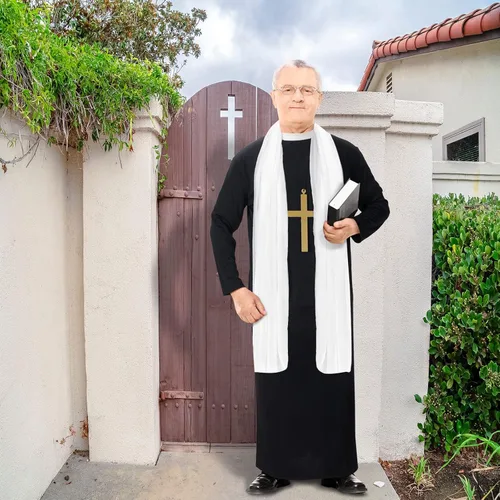 Vista 6 de Jiuguva Disfraz de sacerdote de 3 piezas para hombres adultos, disfraz de sacerdote de Halloween con bata de padre, estola blanca, cruz de monje