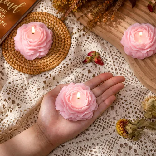 Vista 5 de Roowest - 3 velas con forma de flor de rosa, hechas a mano, color rosa Vela estética en forma de rosa, decorativa para decoración de yoga, spa