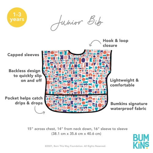 Vista 5 de Bumkins - Babero de manga corta para niña o niño, para niños pequeños de 1 a 3 años, tamaño grande, esencial imprescindible para niños pequeños
