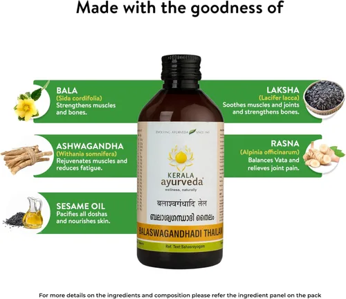Vista 6 de Kerala Ayurveda Balaswagandhadi Thailam - Aceite de masaje ayurvédico para cuerpo con Ashwagandha - Equilibra la Vata y la pita, calma la mente