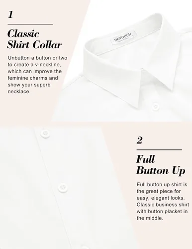 Vista 6 de HOTOUCH Camisas básicas con botones para mujer, manga 34, elásticas, con botones, camisa de vestir ajustada para camarera