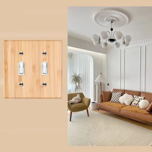 Vista 7 de Placa de Interruptor de Luz Dúplex de Palanca de Madera Maciza de 1 Gang, 4.5" x 4.5", Cubierta de Interruptor de Luz de Bambú de Madera Cruda
