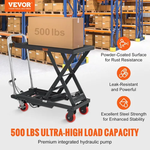 Vista 2 de VEVOR Carro de mesa de elevación hidráulica, capacidad de 500 libras, altura de elevación de 28.5 pulgadas, mesa de elevación manual de tijera
