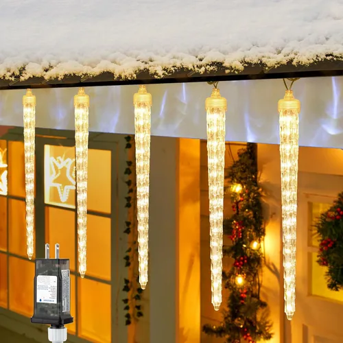 Vista 7 de Brightown luces de carámbanos para Navidad al aire libre, 19.8 pies con 20 tubos grandes, 480 LED, efecto de caída de lluvia de meteoritos, luces