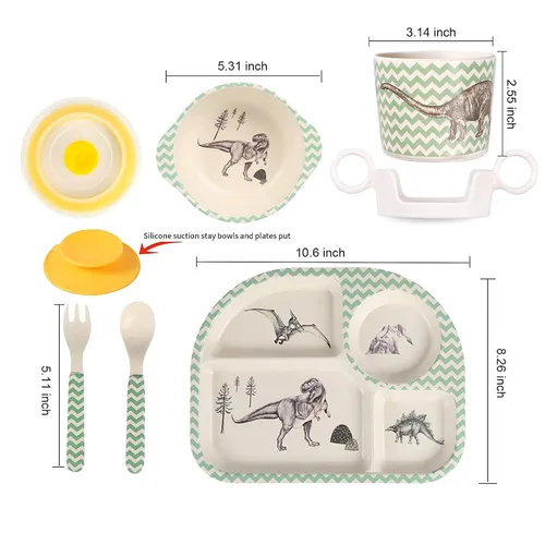 Vista 2 de Shopwithgreen - Juego de 7 piezas de fibra de bambú para niños: platos, tazones, tazas, cucharas y tenedores; vajilla con diseño de dibujos