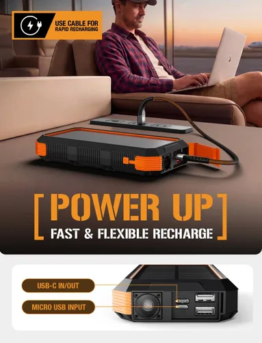 Vista 4 de ToughTested Cargador portátil de banco de energía solar de 24000 mAh, batería externa de carga rápida con linterna LED, IP66 impermeable, a prueba