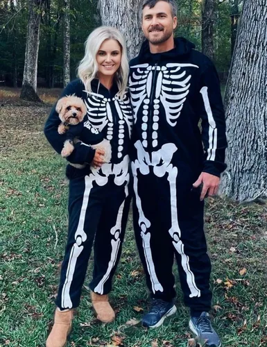 Vista 2 de CYCLAMEN Disfraz de Halloween para adultos, parejas, esqueleto de calabaza, enterizo con capucha, para mujeres, hombres, familia