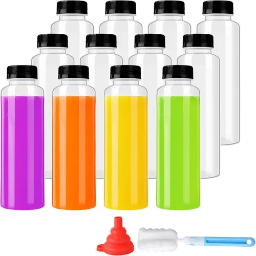 Vista 7 de zmybcpack Paquete de 24 botellas de jugo de plástico de polipropileno de 3.4 fl oz resistentes al calor con tapas, botellas de chupito de plástico