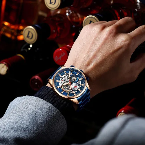 Vista 5 de FANMIS Relojes de lujo para hombre, cronógrafo de negocios, impermeable, de acero inoxidable, analógico, de cuarzo, reloj de pulsera B Azul