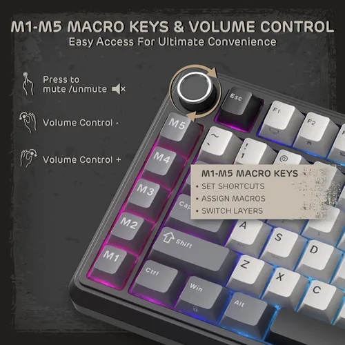 Vista 4 de RK ROYAL KLUDGE Teclado mecánico de montaje en junta L75 con perillateclas macro y placa de identificación táctil, teclado inalámbrico Tri-Mode 75%