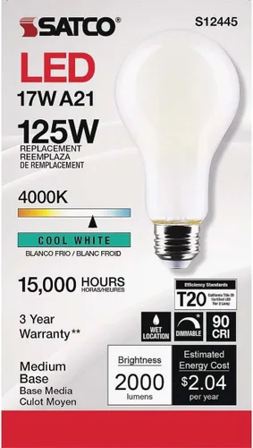 Vista 5 de Satco S12445 Bombilla LED de filamento A21 de alto lúmenes, repuesto de 125 W, blanco, 17 vatios