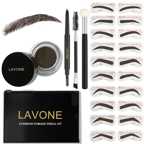 Vista 20 de LAVONE Kit de plantillas para cejas, trío de sellos para cejas con lápiz impermeable, pomada, 20 plantillas, cepillo de doble punta y aplicador