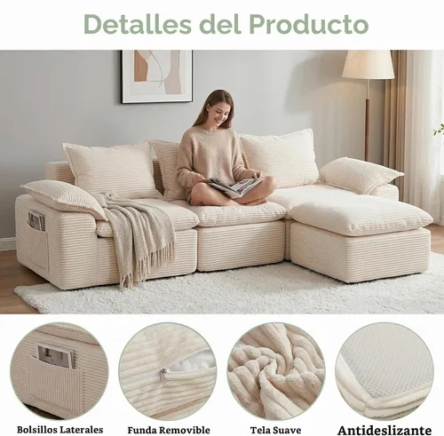 Vista 6 de Sofá en forma de L de 108 pulgadas para sala de estar, sofá convertible en forma de L sin hueso con otomana, sofá comprimido de 3 plazas, sofá