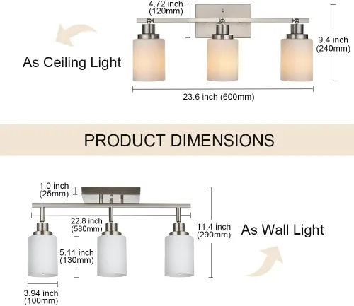 Vista 5 de TODOLUZ Accesorios de iluminación de riel para techo, 3 luces de níquel cepillado para pared de techo con vidrio blanco ópalo, base de bombilla E26