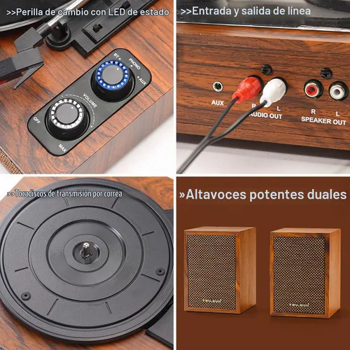 Vista 4 de Tocadiscos de vinilo con altavoces externos, tocadiscos estéreo vintage de 3 velocidades para discos de vinilo, entrada Bluetooth, parada automática