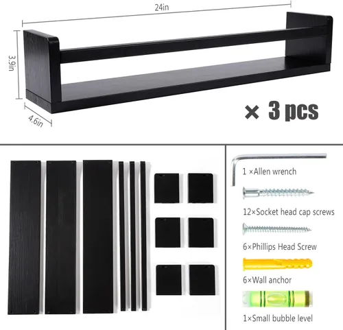 Vista 3 de AZSKY Estantes clásicos para libros de guardería, estantes flotantes de madera negra, estantería de pared para decoración de baño, cocina, especias