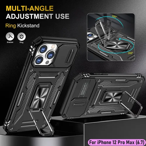 Vista 5 de Funda resistente para Apple iPhone 12 Pro Max, protector híbrido de goma de doble capa de grado militar con protector de cámara deslizante, soporte